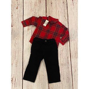 The Children's Place 2pc set 6-12m NWT EUC red plaid shirt black pants Christmas
